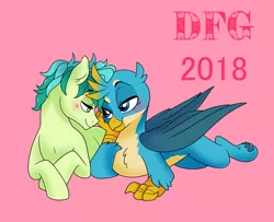 Size: 2506x2036 | Tagged: safe, artist:dragonfoxgirl, derpibooru import, gallus, sandbar, earth pony, gryphon, pony, school daze, blushing, chest fluff, gallbar, gay, interspecies, looking at each other, male, paw pads, paws, pink background, shipping, simple background, smiling, underpaw, wings