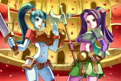 Size: 3000x2000 | Tagged: suggestive, artist:zipskyblue, derpibooru import, aria blaze, sonata dusk, equestria girls, rainbow rocks, armor, armor skirt, axe, belly button, big breasts, breasts, busty aria blaze, busty sonata dusk, clothes, fingerless gloves, gladiatrix, gloves, hand on hip, pigtails, ponytail, skirt, smiling, sword, twintails, unconvincing armor, watermark, weapon