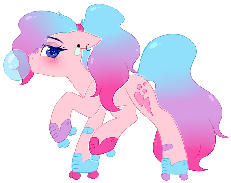 Size: 3182x2529 | Tagged: safe, artist:adostume, derpibooru import, oc, oc:faylinn, unofficial characters only, earth pony, pony, blushing, bubblegum, ear piercing, earring, food, gum, jewelry, lidded eyes, piercing, roller skates, solo