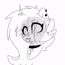 Size: 768x768 | Tagged: safe, artist:lovelyyannaii, derpibooru import, oc, oc:yannaii, unofficial characters only, pony, unicorn, bust, chest fluff, collar, ear piercing, earring, female, jewelry, lineart, mare, monochrome, piercing, sketch, solo, tongue out