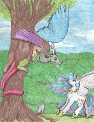 Size: 1488x1924 | Tagged: safe, artist:69beas, derpibooru import, discord, princess celestia, alicorn, draconequus, pony, duo, spread wings, tongue out, traditional art, tree, wings