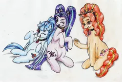 Size: 2870x1932 | Tagged: safe, artist:40kponyguy, derpibooru import, adagio dazzle, aria blaze, sonata dusk, ponified, earth pony, pegasus, pony, unicorn, equestria girls, rainbow rocks, annoyed, equestria girls ponified, fourth wall, laughing, leaning, looking at you, one eye closed, pigtails, simple background, the dazzlings, traditional art, twintails, underhoof, white background