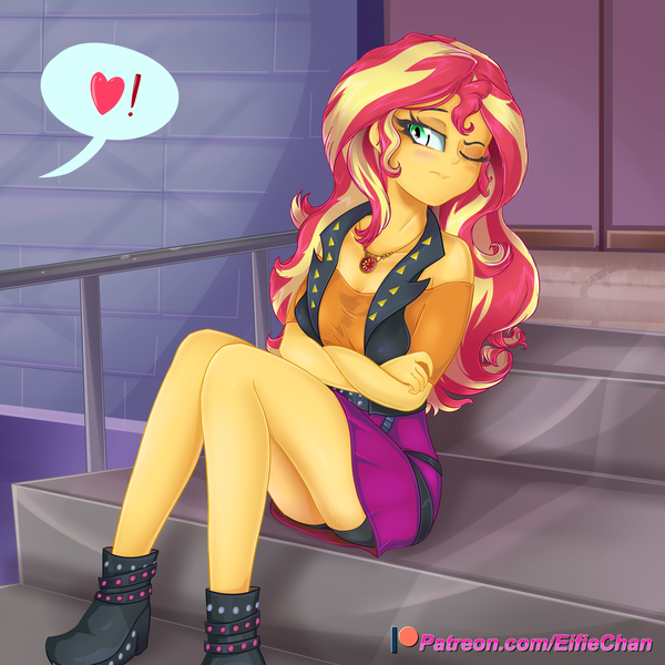 Size: 3000x3000 | Tagged: safe, artist:katakiuchi4u, derpibooru import, sunset shimmer, equestria girls, equestria girls series, black underwear, blushing, boots, boyshorts, clothes, cute, female, geode of empathy, jacket, leather jacket, legs, one eye closed, panties, patreon, patreon logo, pictogram, shimmerbetes, shirt, shoes, skirt, solo, stairs, tsundere, tsunset shimmer, underwear, upskirt, wink