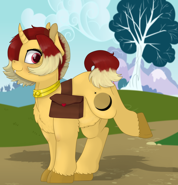 Size: 1200x1243 | Tagged: safe, artist:69beas, derpibooru import, oc, oc:jessie feuer, unofficial characters only, pony, unicorn, cutie mark, fangs, fluffy, saddle bag, solo