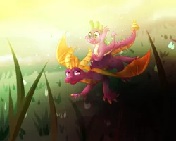 Size: 2000x1600 | Tagged: artist:skylethrin, crossover, derpibooru import, dragon, dragons riding dragons, duo, flying, male, riding, safe, smiling, spike, spyro the dragon