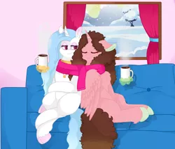 Size: 1104x947 | Tagged: artist:69beas, chest fluff, chocolate, clothes, couch, cuddling, derpibooru import, female, food, hot chocolate, oc, safe, scarf, shared clothing, shared scarf, snow, tree, unofficial characters only, winter