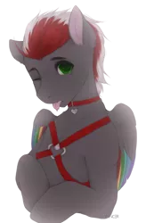 Size: 979x1489 | Tagged: suggestive, artist:spencer404, derpibooru import, oc, oc:mahx, unofficial characters only, pegasus, pony, bondage, collar, male, malesub, one eye closed, simple background, solo, submissive, tongue out, transparent background, wings