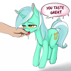 Size: 1266x1261 | Tagged: suggestive, artist:coinpo, derpibooru import, lyra heartstrings, human, pony, unicorn, blushing, drool, female, hand, heart eyes, mare, that pony sure does love hands, that pony sure does love humans, tongue holding, tongue out, wingding eyes