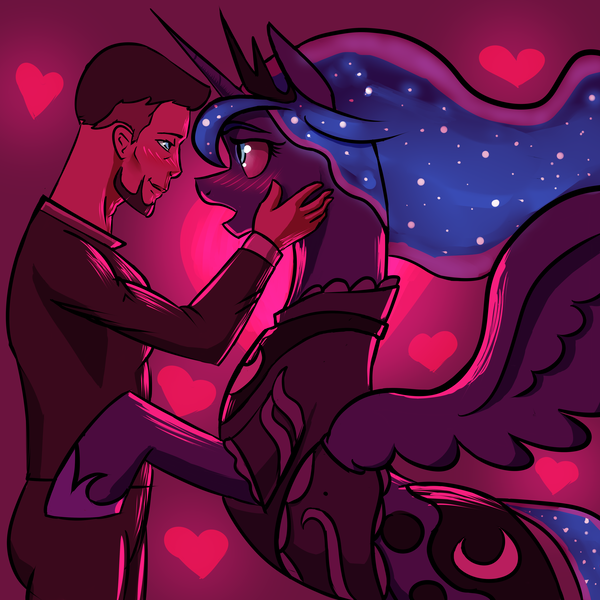 Size: 5000x5000 | Tagged: safe, artist:zintenka, derpibooru import, princess luna, oc, alicorn, human, absurd resolution, canon x oc, female, imminent kissing, love, male, romance, romantic, straight