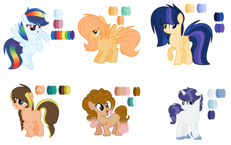 Size: 2180x1372 | Tagged: safe, artist:thunderspeedyt, derpibooru import, oc, oc:bursting star, oc:butter cup, oc:cloud mania, oc:elusive, oc:parody cheese cake, oc:sugary melody, earth pony, pegasus, pony, unicorn, base used, blank flank, color palette, next generation, offspring, parent:applejack, parent:big macintosh, parent:caramel, parent:cheese sandwich, parent:fancypants, parent:flash sentry, parent:fluttershy, parent:pinkie pie, parent:rainbow dash, parent:rarity, parent:soarin', parent:twilight sparkle, parents:carajack, parents:cheesepie, parents:flashlight, parents:fluttermac, parents:raripants, parents:soarindash, simple background, unshorn fetlocks, white background