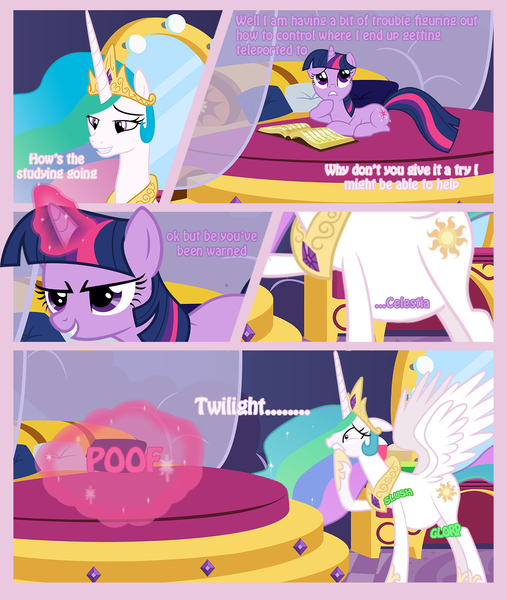 Size: 1248x1476 | Tagged: accidental vore, artist:vo-photoshop, bed, book, comic, derpibooru import, dialogue, fetish, magic, pillow, princess celestia, princess vorestia, soft vore, stomach bulges, stomach noise, suggestive, teleportation, teleportation mishap, televortation, twilight sparkle, vore, vore comic