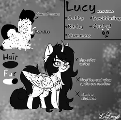 Size: 1316x1299 | Tagged: alicorn, alicorn oc, artist:lillucy6, chubby, curved horn, derpibooru import, female, freckles, horn, mare, monochrome, oc, oc:lucy, safe, smol, wings