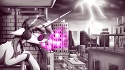 Size: 3840x2160 | Tagged: safe, artist:luvlessi, derpibooru import, vinyl scratch, pony, unicorn, fanfic:the things tavi says, balcony, bracelet, city, headphones, horn ring, jewelry, lightning, monochrome, neo noir, partial color, piercing, solo, sunglasses