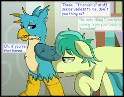 Size: 2350x1850 | Tagged: safe, artist:flash_draw, derpibooru import, gallus, sandbar, earth pony, gryphon, pony, comic:boring days, comic, duo, gallbar, gay, male, shipping