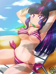 Size: 3375x4500 | Tagged: adorasexy, alternate hairstyle, anime, anti-gravity boobs, arm behind head, armpits, artist:danmakuman, beach, belly button, bikini, breasts, busty twilight sparkle, clothes, cute, derpibooru import, erect nipples, female, human, humanized, looking at you, nipple outline, pink swimsuit, ponytail, sci-twi, sexy, side-tie bikini, smiling, solo, solo female, striped swimsuit, suggestive, swimsuit, twiabetes, twilight sparkle, underboob