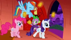 Size: 1280x720 | Tagged: safe, derpibooru import, screencap, pinkie pie, rainbow dash, rarity, spike, dragon, earth pony, pegasus, pony, unicorn, the ticket master, early installment weirdness, gala ticket, magic, telekinesis, ticket