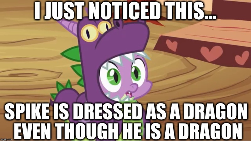 Size: 1136x640 | Tagged: captain obvious, derpibooru import, dragon, dragonception, dragon costume, edit, edited screencap, image macro, impact font, luna eclipsed, meme, mind blown, nightmare night, observation, op is a slowpoke, safe, screencap, slowpoke, solo, spike