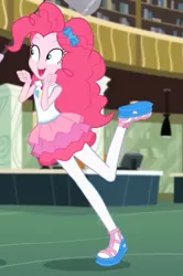 Size: 405x609 | Tagged: safe, derpibooru import, screencap, pinkie pie, best trends forever, equestria girls, equestria girls series, best trends forever: pinkie pie, clothes, cute, diapinkes, female, geode of sugar bombs, pantyhose, raised leg, sandals, shoes, skirt, solo