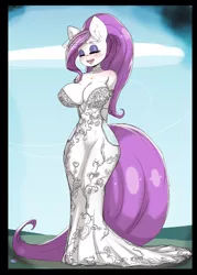 Size: 1250x1750 | Tagged: suggestive, artist:darkestmbongo, derpibooru import, oc, oc:d.d, unofficial characters only, anthro, earth pony, absolute cleavage, anthro oc, big breasts, breasts, cleavage, clothes, dress, eyes closed, female, mare, smiling, solo, solo female, veil, wedding dress