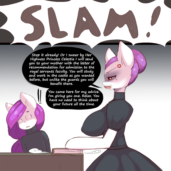 Size: 1250x1250 | Tagged: safe, artist:darkestmbongo, derpibooru import, oc, oc:d.d, unofficial characters only, anthro, earth pony, ask ddthemaid, comic:ddthemaid memories, arm hooves, big breasts, boop, breasts, clothes, comic, cross-popping veins, dialogue, dress, female, grammar error, intimidating, skirt, slam, surprised, sweat, sweatdrop, sweater, turtleneck