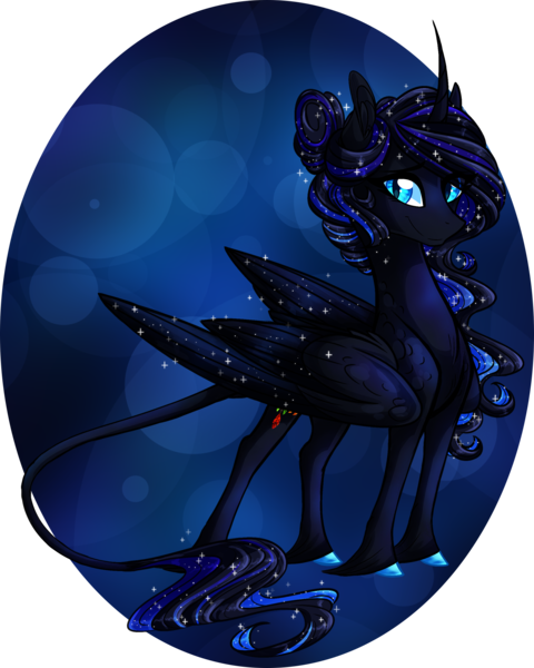 Size: 1600x2000 | Tagged: safe, artist:australian-senior, derpibooru import, oc, oc:almeyda invictus, unofficial characters only, alicorn, pony, kirindos, abstract background, alternate universe, colored hooves, curved horn, ethereal mane, goddess, iridescence, leonine tail, magical lesbian spawn, offspring, parent:oc:luminia invictus, parent:rarity, parent:twilight sparkle, parents:rarilight, solo, starry mane, starry wings, unshorn fetlocks