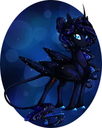 Size: 1600x2000 | Tagged: safe, artist:australian-senior, derpibooru import, oc, oc:almeyda invictus, unofficial characters only, alicorn, pony, kirindos, abstract background, alternate universe, colored hooves, curved horn, ethereal mane, goddess, iridescence, leonine tail, magical lesbian spawn, offspring, parent:oc:luminia invictus, parent:rarity, parent:twilight sparkle, parents:rarilight, solo, starry mane, starry wings, unshorn fetlocks