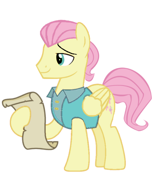 Size: 600x698 | Tagged: safe, artist:rememberstar, derpibooru import, fluttershy, pegasus, pony, fake it 'til you make it, alternate hairstyle, butterscotch, clothes, hoof hold, male, rule 63, scroll, severeshy, simple background, solo, stallion, transparent background