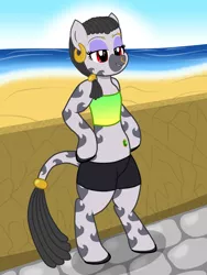 Size: 3000x4000 | Tagged: alternate costumes, alternate version, artist:theonewithoutaname, beach, bellyring, bipedal, breasts, chestbreasts, clothes, colored hooves, compression shorts, delicious flat chest, derpibooru import, ear piercing, earring, eyebrow piercing, female, filly, foal, jewelry, nose piercing, nose ring, oc, oc:desta, ocean, piercing, safe, semi-anthro, solo, summer, tail, tail wrap, tube top, unofficial characters only, zebra, zebra oc