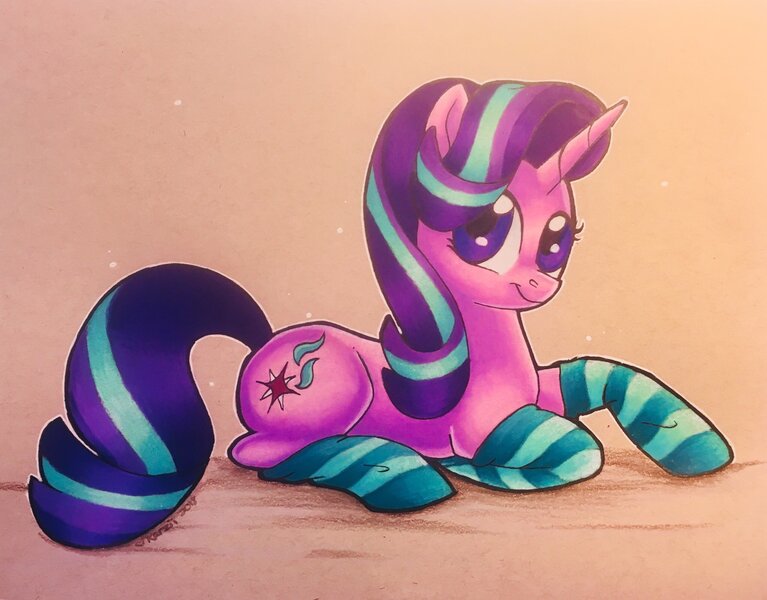 Size: 2048x1603 | Tagged: safe, artist:karzii, derpibooru import, starlight glimmer, pony, unicorn, clothes, socks, solo, striped socks, traditional art