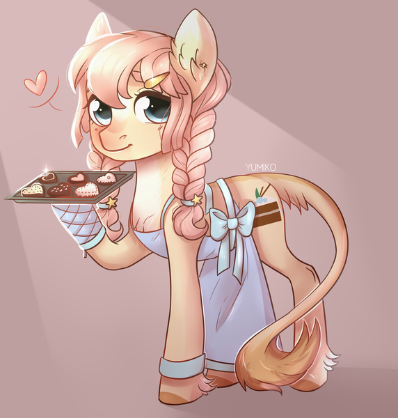 Size: 1024x1075 | Tagged: safe, artist:worldlofldreams, derpibooru import, oc, unofficial characters only, earth pony, pony, apron, braid, chocolate, clothes, colored hooves, crepuscular rays, ear fluff, ear piercing, female, food, hairband, hairpin, heart, hoof fluff, hoof hold, leonine tail, looking at you, mare, mittens, pan, piercing, red background, simple background, solo, twin braids