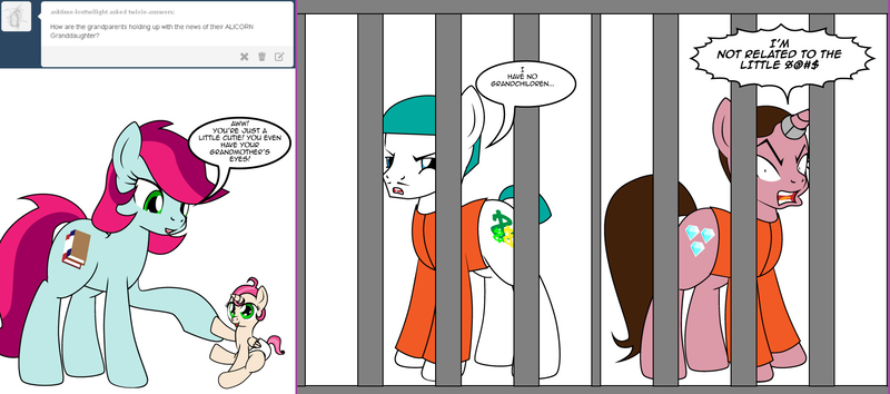 Size: 1808x800 | Tagged: safe, artist:dekomaru, derpibooru import, oc, oc:confetti, oc:marigold, oc:matthew trotswright, oc:veronica, alicorn, earth pony, pony, unicorn, tumblr:ask twixie, alicorn oc, ask, baby, baby pony, clothes, female, magic suppression, male, mare, offspring, parent:oc:dazzle, parent:pinkie pie, parents:canon x oc, prison, prison outfit, stallion, tumblr