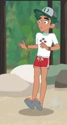 Size: 290x540 | Tagged: safe, derpibooru import, screencap, timber spruce, equestria girls, equestria girls series, turf war, animation error, cap, clothes, cropped, feet, hat, lifeguard timber, male, male feet, sandals, shorts, solo