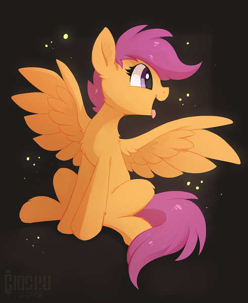 Size: 831x1016 | Tagged: safe, artist:hioshiru, derpibooru import, scootaloo, pegasus, pony, cheek fluff, chest fluff, cute, cutealoo, ear fluff, female, filly, fluffy, gray background, leg fluff, looking sideways, older, older scootaloo, open mouth, profile, simple background, sitting, solo, spread wings, teenage scootaloo, teenager, tongue out, wing fluff, wings