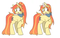 Size: 1036x670 | Tagged: safe, artist:redxbacon, derpibooru import, oc, oc:sunny lane, oc:trash, unofficial characters only, earth pony, pony, chest fluff, clothes, crossed hooves, disgusted, ear fluff, female, flower, flower in hair, hairband, long tail, looking down, mare, open mouth, ponytail, raised hoof, scarf, shrunken pupils, simple background, solo, wavy mouth, white background