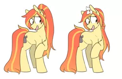 Size: 1036x670 | Tagged: safe, alternate version, artist:redxbacon, derpibooru import, oc, oc:sunny lane, oc:trash, unofficial characters only, earth pony, pony, chest fluff, crossed hooves, disgusted, ear fluff, female, flower, flower in hair, hairband, long tail, looking down, mare, open mouth, ponytail, raised hoof, shrunken pupils, simple background, solo, wavy mouth, white background