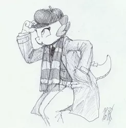 Size: 885x900 | Tagged: anthro, artist:carnifex, barb, clothes, coat, derpibooru import, grayscale, hat, monochrome, pen drawing, rule 63, safe, scarf, solo, spike, traditional art