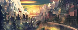 Size: 1024x393 | Tagged: alicorn, artist:sunset tide, bridge, castle, city, cityscape, dead source, derpibooru import, flag, mountain, no pony, obtrusive watermark, plinth, river, safe, scenery, scenery porn, smokey mountains, stained glass, statue, tall tale, watermark