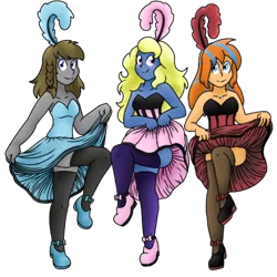 Size: 506x506 | Tagged: safe, artist:ask-sonatadusk, deleted from derpibooru, derpibooru import, oc, oc:azure/sapphire, oc:cold front, oc:disty, unofficial characters only, equestria girls, bow, burlesque, clothes, crossdressing, dancing, dress, feather, looking at you, saloon dress, shoes, simple background, smiling, stockings, thigh highs, transparent background