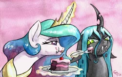 Size: 1024x652 | Tagged: safe, artist:the-wizard-of-art, derpibooru import, princess celestia, queen chrysalis, alicorn, changeling, changeling queen, pony, cake, cakelestia, fangs, female, food, fork, frown, glowing horn, licking, licking lips, magic, mare, style emulation, telekinesis, tongue out, traditional art, watercolor painting