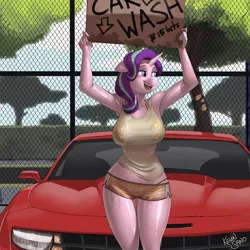 Size: 900x900 | Tagged: suggestive, alternate version, artist:kevinsano, derpibooru import, starlight glimmer, anthro, unicorn, armpits, arms in the air, belly button, big breasts, blue eyes, breasts, busty starlight glimmer, car, car wash, chevrolet camaro, clothes, female, floppy ears, happy, mare, midriff, open mouth, panties, see-through, sexy, shirt, shorts, sign, smiling, solo, solo female, supercar, tanktop, thigh gap, underwear, visible bra, wet, wet clothes, wet shirt, wet shorts, wide hips