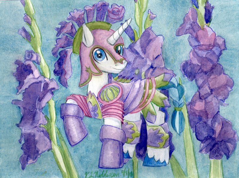 Size: 3532x2630 | Tagged: safe, artist:kelseyleah, derpibooru import, shining armor, pony, unicorn, armor, braided tail, flower, high res, looking at you, male, raised hoof, solo, stallion, tail band, traditional art