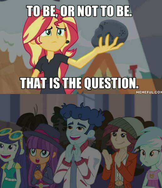 Size: 1237x1438 | Tagged: safe, derpibooru import, edit, edited screencap, screencap, blueberry cake, curly winds, ginger owlseye, lyra heartstrings, normal norman, scott green, scribble dee, some blue guy, sunset shimmer, valhallen, wiz kid, equestria girls, equestria girls series, opening night, background human, hamlet, meme, william shakespeare