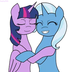 Size: 1280x1280 | Tagged: alicorn, artist:hayley566, derpibooru import, female, hug, lesbian, safe, shipping, simple background, transparent background, trixie, twilight sparkle, twilight sparkle (alicorn), twixie