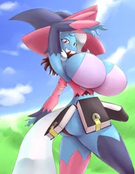 Size: 1848x2384 | Tagged: suggestive, artist:hyperstorm_h, artist:marauder6272, derpibooru import, trixie, anthro, unicorn, armpits, ass, big breasts, book, breasts, busty trixie, clothes, cloud, cosplay, costume, female, hat, huge breasts, impossibly large breasts, magilou mayvin, mare, sky, solo, solo female, tales of berseria