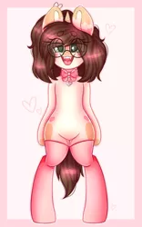 Size: 2701x4337 | Tagged: safe, artist:adostume, derpibooru import, oc, oc:adostume, unofficial characters only, pony, unicorn, bipedal, blushing, bow, clothes, fangs, glasses, happy, heart, smiling, solo, stockings, thigh highs