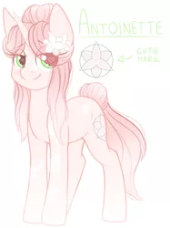 Size: 1382x1849 | Tagged: safe, artist:adostume, derpibooru import, oc, oc:antoinette, unofficial characters only, pony, unicorn, blushing, eye clipping through hair, female, flower, flower in hair, gradient hooves, gradient mane, gradient tail, heart eyes, lidded eyes, looking at you, mare, reference sheet, simple background, smiling, solo, standing, white background, wingding eyes