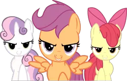Size: 7355x4670 | Tagged: safe, artist:imladdi, derpibooru import, apple bloom, scootaloo, sweetie belle, earth pony, pegasus, pony, unicorn, flight to the finish, absurd resolution, cutie mark crusaders, determined, female, filly, hearts as strong as horses, narrowed eyes, raised hoof, simple background, singing, smiling, spread wings, transparent background, trio, wings