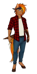 Size: 1521x3022 | Tagged: anthro, anthro oc, artist:askbubblelee, body freckles, clothes, derpibooru import, facial hair, freckles, goatee, jeans, male, oc, oc:singe, pants, pegasus, plaid shirt, safe, shirt, simple background, smiling, solo, stallion, tail feathers, transparent background, unguligrade anthro, unofficial characters only