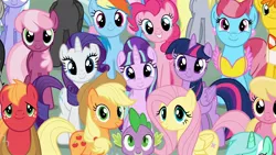 Size: 1920x1080 | Tagged: safe, derpibooru import, screencap, applejack, big macintosh, carrot cake, cheerilee, cloudchaser, cup cake, derpy hooves, fluttershy, lily, lily valley, lotus blossom, lyra heartstrings, octavia melody, pinkie pie, rainbow dash, rarity, spike, starlight glimmer, thunderlane, twilight sparkle, twilight sparkle (alicorn), alicorn, dragon, earth pony, pegasus, pony, unicorn, the cutie re-mark, applejack's hat, apron, baby, baby dragon, big macintosh's yoke, braid, cheeribetes, clothes, collar, cowboy hat, cute, cute cake, ear piercing, earring, everypony at s5's finale, female, freckles, friends are always there for you, glimmerbetes, hat, jewelry, lilybetes, looking at you, macabetes, male, mane six, mare, piercing, s5 starlight, smiling, smiling at you, stallion, wall of tags