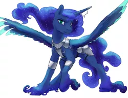 Size: 1980x1530 | Tagged: safe, artist:silfoe, derpibooru import, princess luna, alicorn, pony, nomad au, alternate universe, colored wings, colored wingtips, ethereal fetlocks, ethereal mane, female, horn cap, horn jewelry, jewelry, mare, royal multiverse, simple background, solo, spread wings, starry mane, unshorn fetlocks, white background, wings